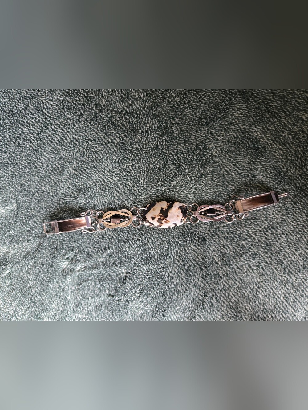 Silver Tone Bracelet with Marbled Black and White Stone